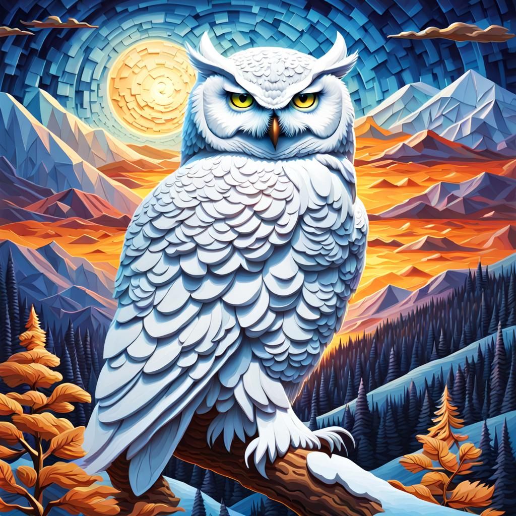 Luminous Snowy Owl as 3D Puzzle in Impasto Style