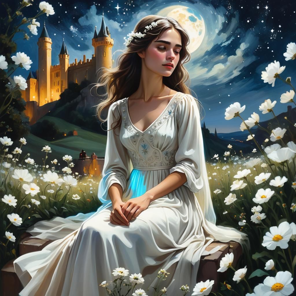Woman in White Dress with Starry Sky, Oil Painting