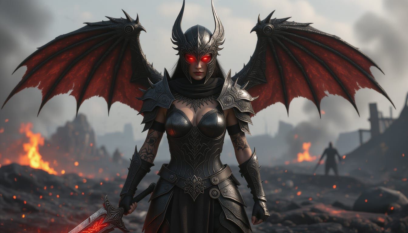 A fierce female warrior stands amid ash and fire, clad in bl...