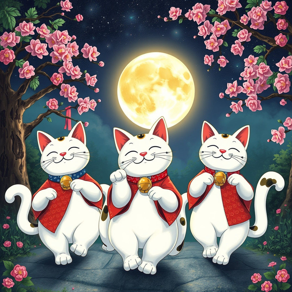 Maneki-neko Cats Dance Under Moon in Anime Style