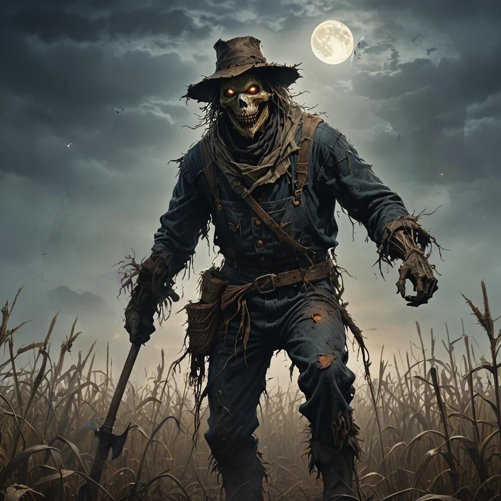 Terrifying Scarecrow with Axe in Moonlit Cornfield