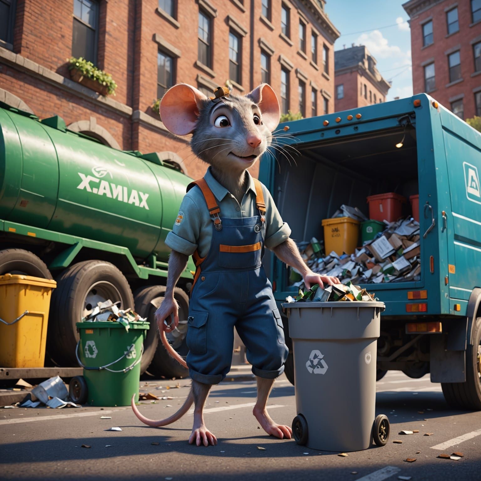 Pixar Style Rat Garbage Worker in City