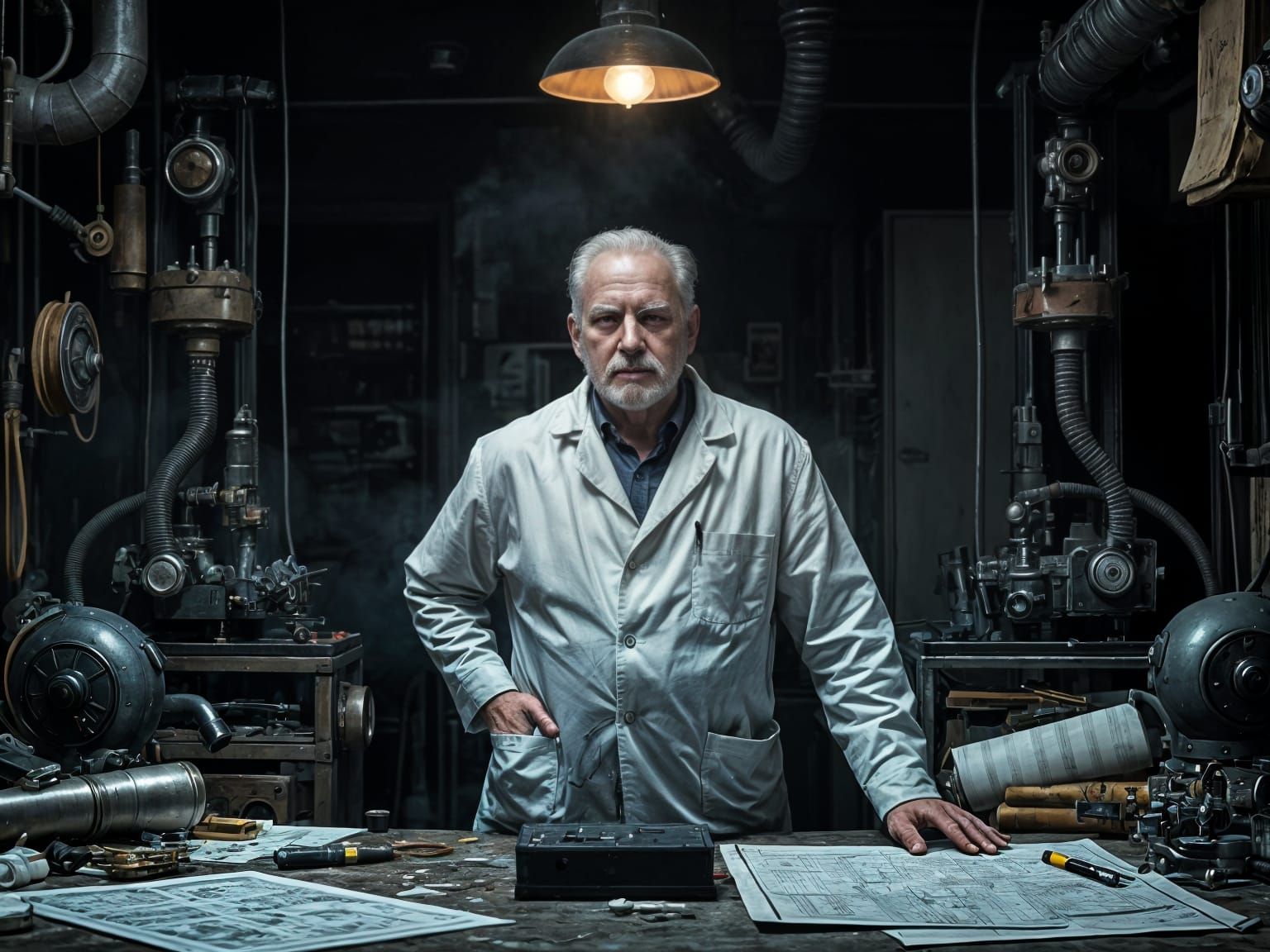 Mad Scientist in Film Noir Cyberpunk Lair