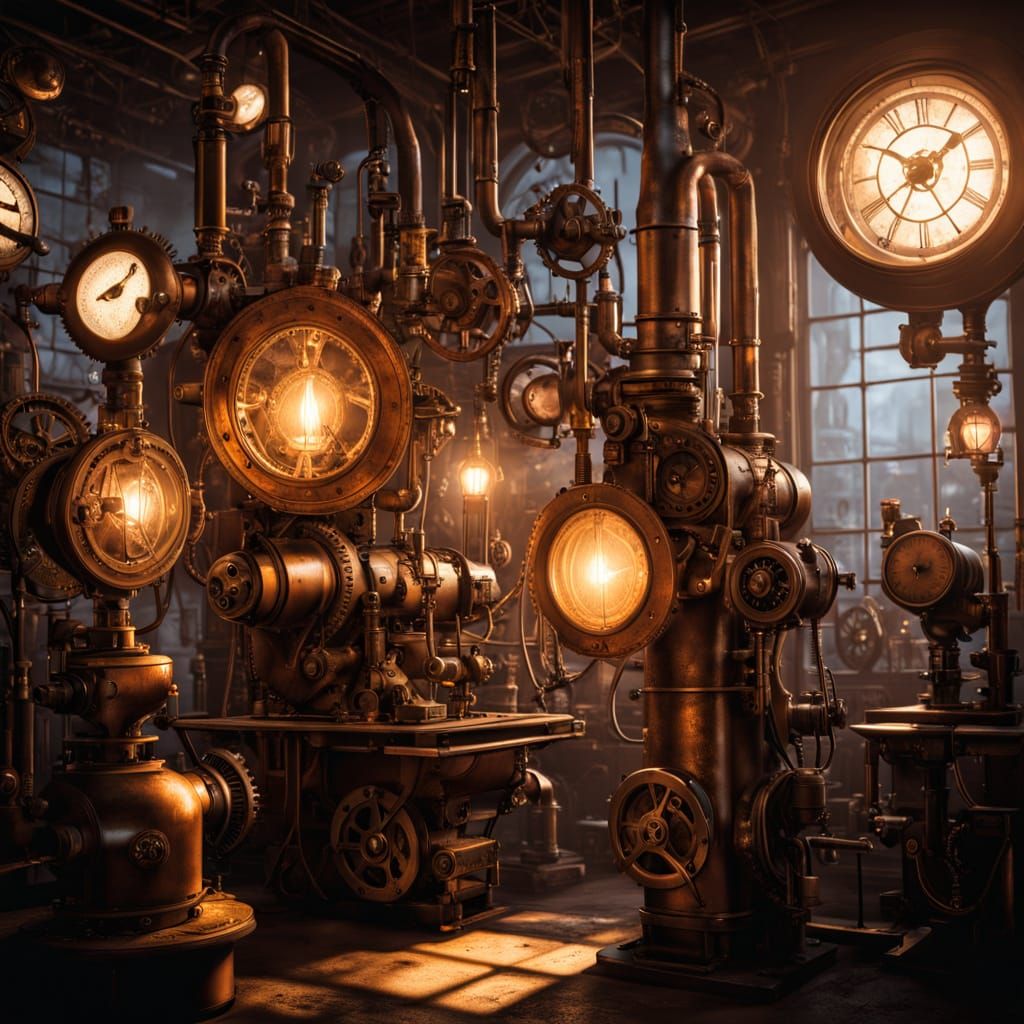 Steampunk Inventor in Moody Industrial Workshop