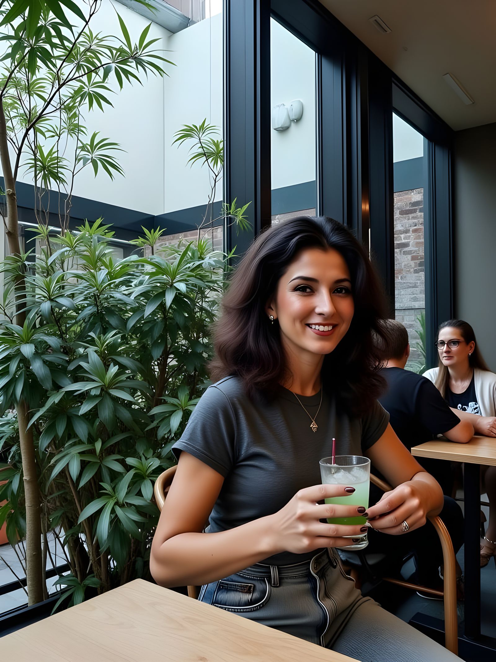 Woman in a Casual Cafe Setting, Classic Style