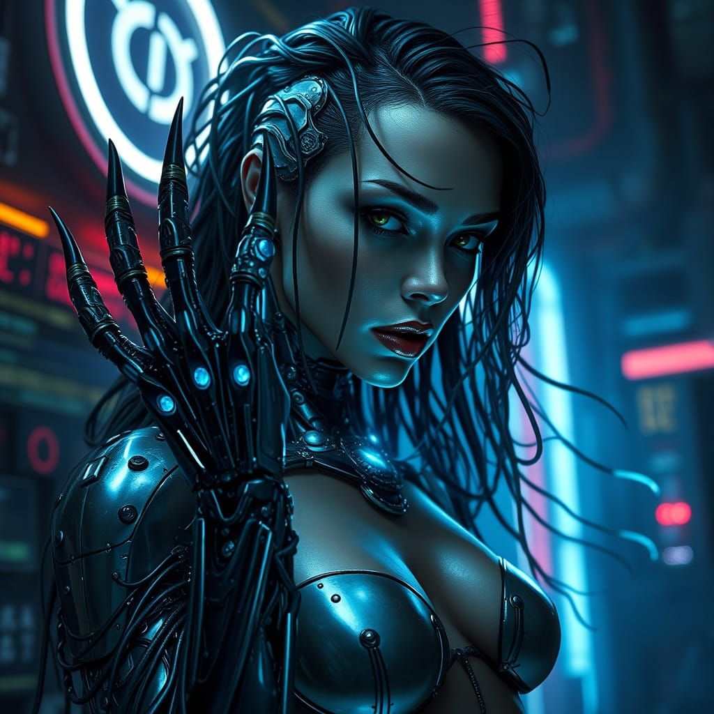 Cyborg Woman with Obsidian Claws and Azure Energy
