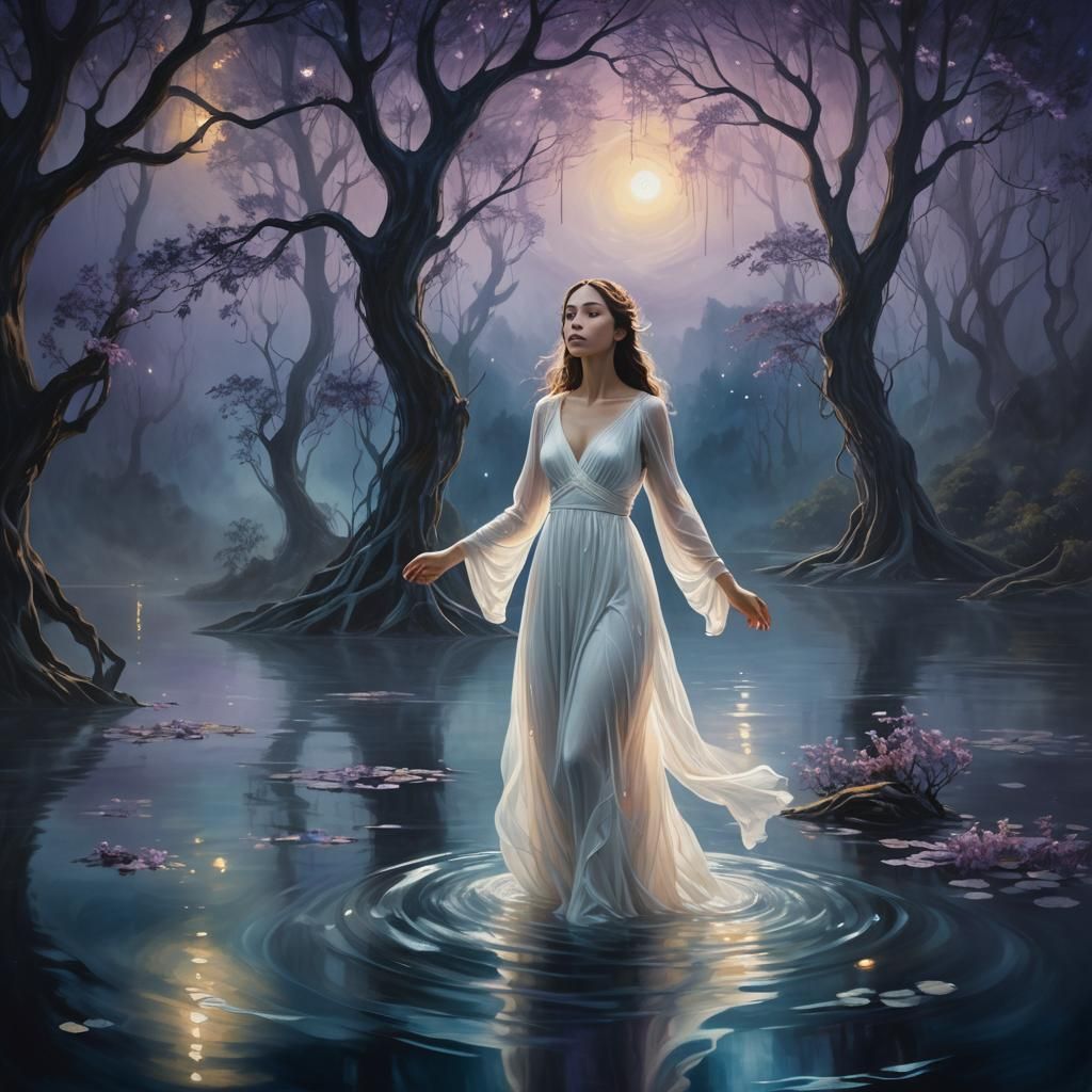 Mystical Woman Swimming in Surreal Mountain Lake