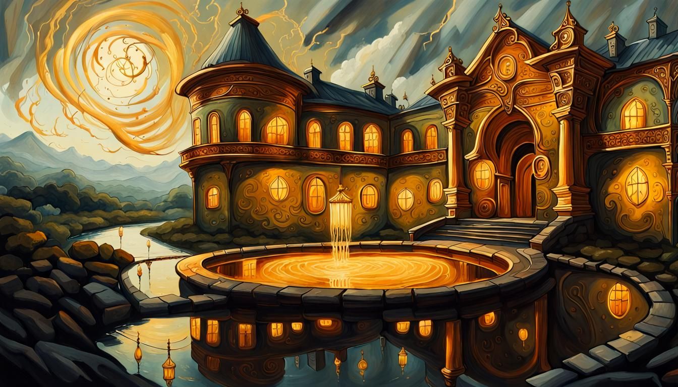 Magical Golden Wellspring in Oil Painting Style