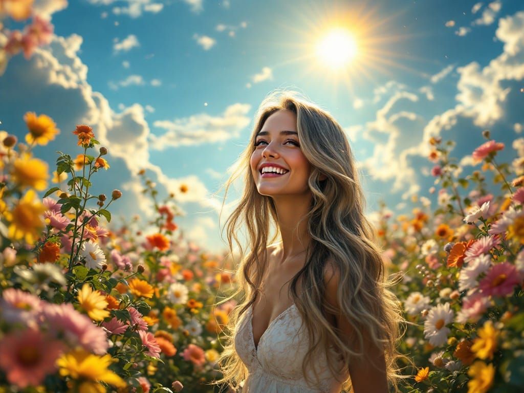 Stunning Woman Strolls Through Vibrant Flower Garden with Ce...