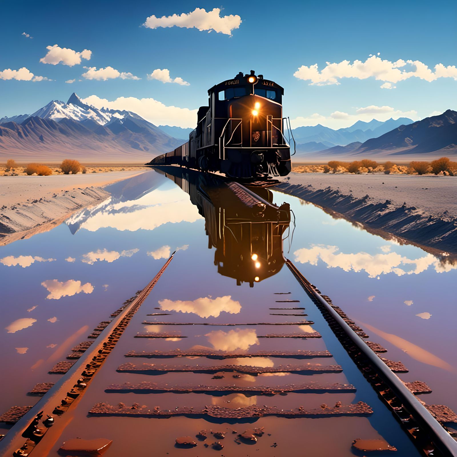 Antique Locomotive Floating in Surreal Landscape
