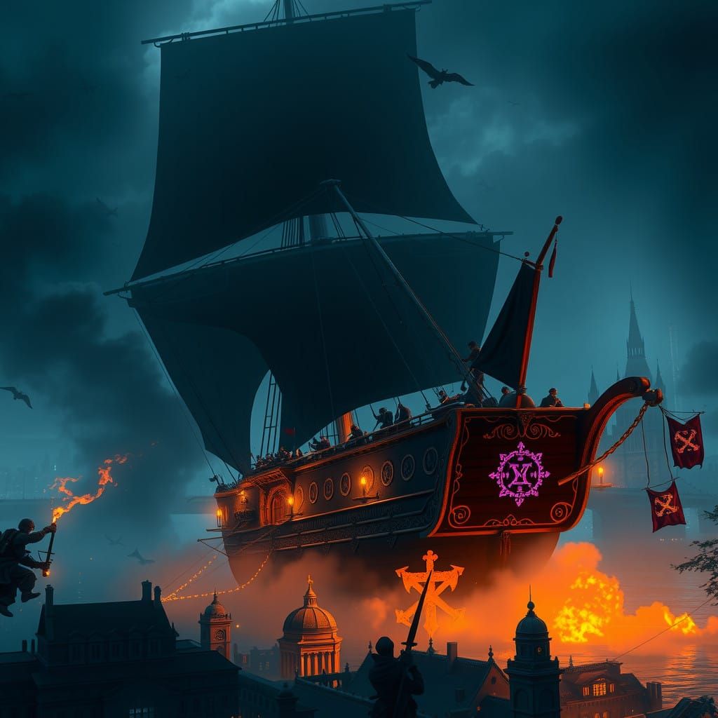 Surreal Pirate Ship Storms Gothic London in Cyberpunk Style