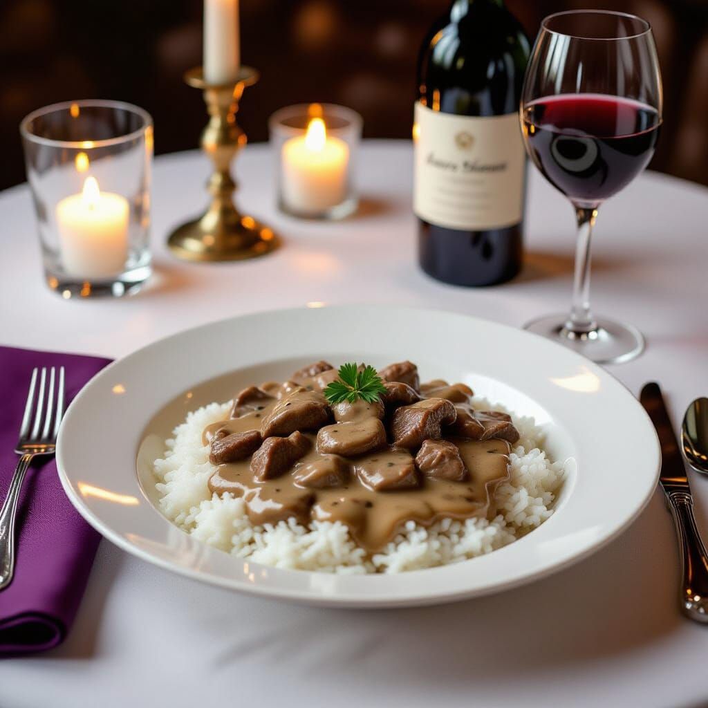 Hyperrealistic Beef Stroganoff with Rice and Red Wine