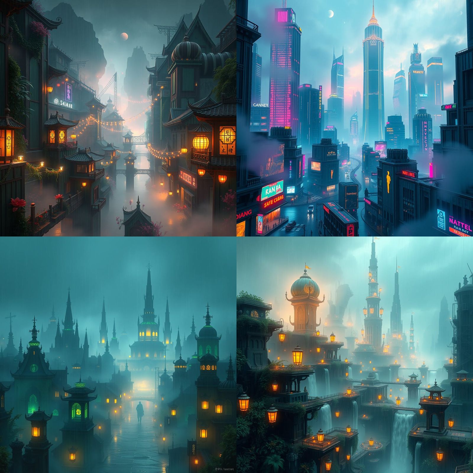 Detailed Matte Painting of a Rain City