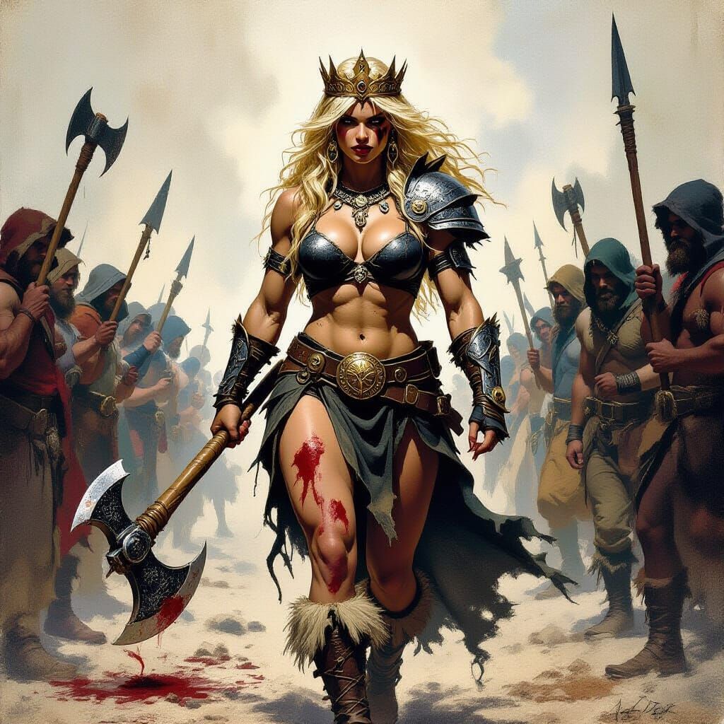 Barbarian Queen with Axe in Gritty Fantasy Style