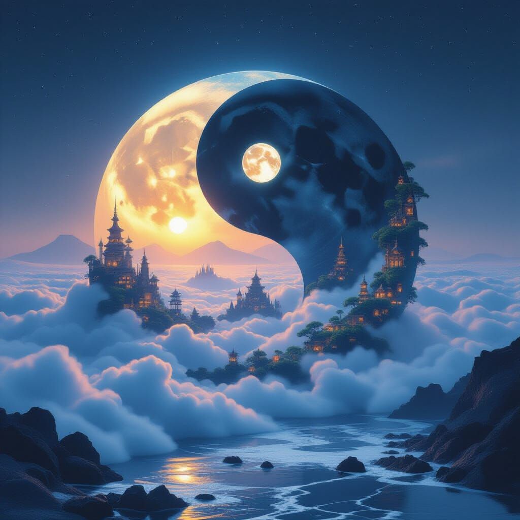 Surreal Yin Yang Sun Moon with Steampunk Cities