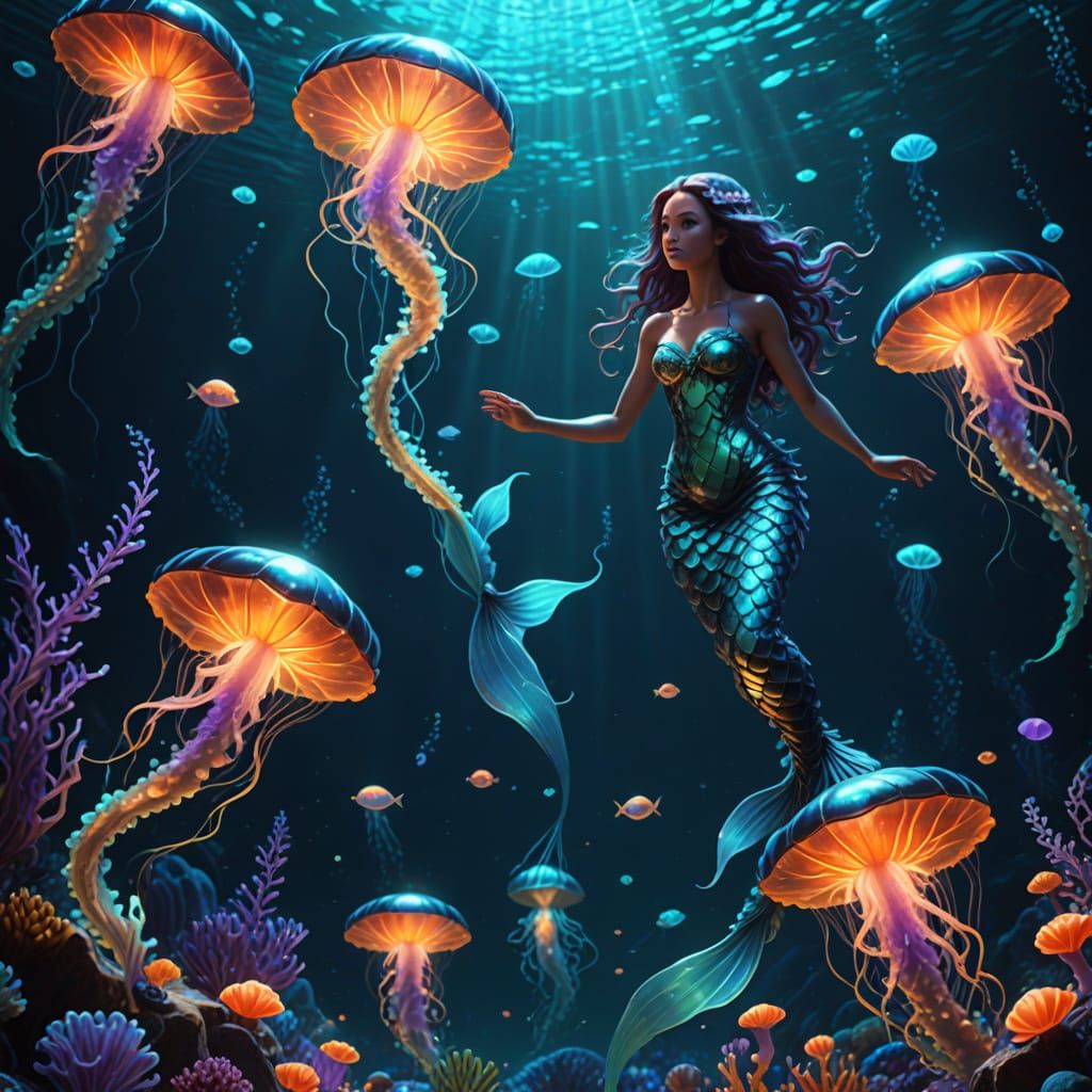 Vibrant Mermaids Swim Through a Sea of Glowing Jellyfish
