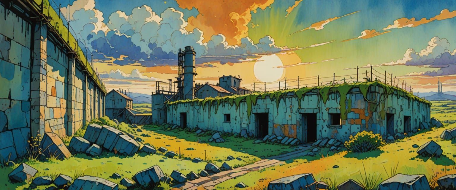 Vast Industrial Ruin Under Huge Sky in Retro Comic Style