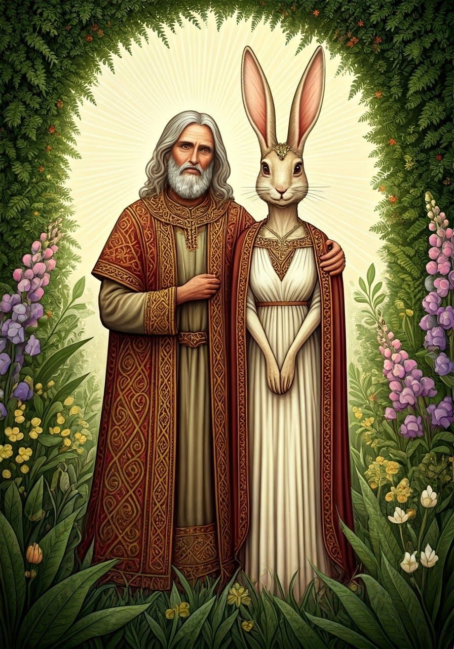 Saint Mellangel and Eostre in a Whimsical Celtic Scene