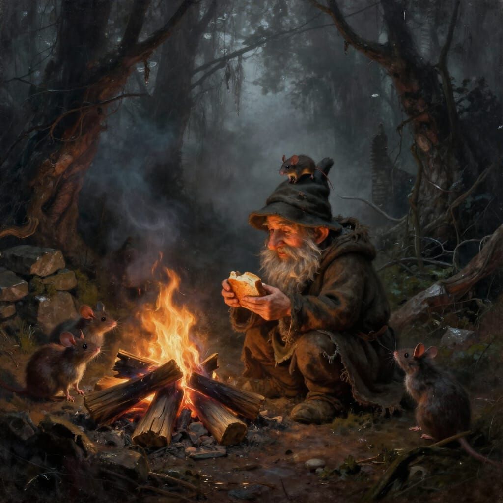 Gnome Shares Bread With Critters in Misty Forest Ruin