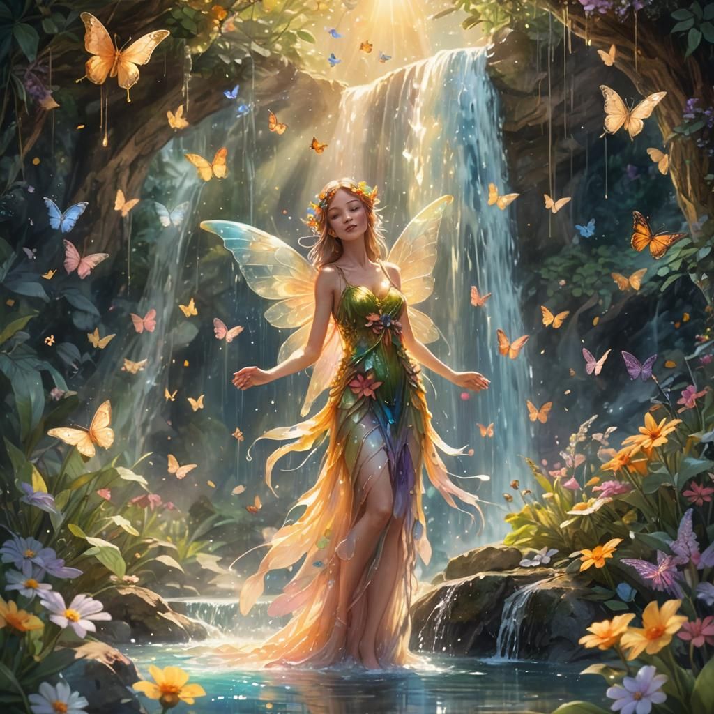 Ethereal Fairy by Waterfall in Watercolor Style