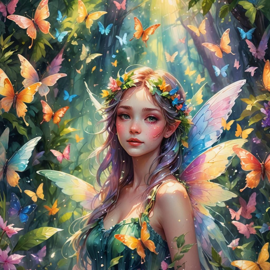 Fairy Surrounded by Butterflies in Watercolor Painting