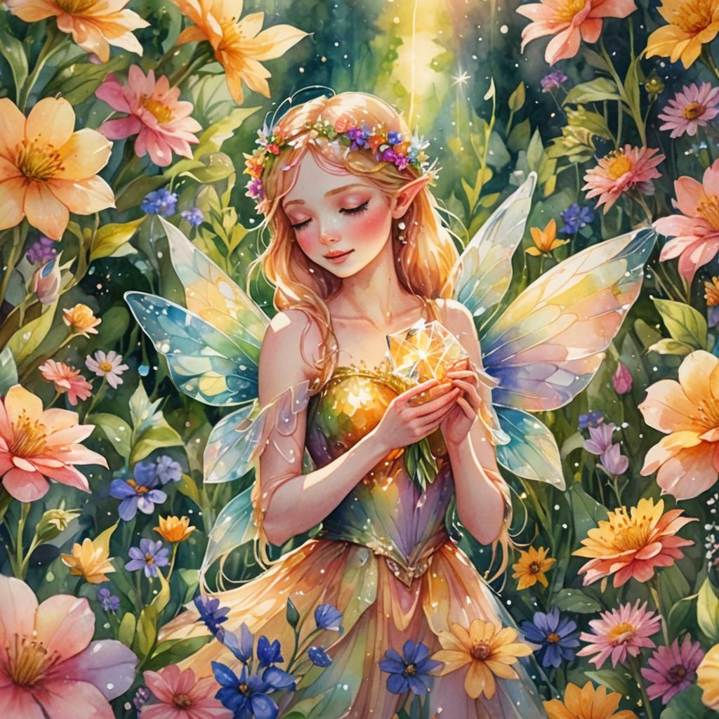 Fairy in Rainbow Garden Holding Crystal: Watercolor Art