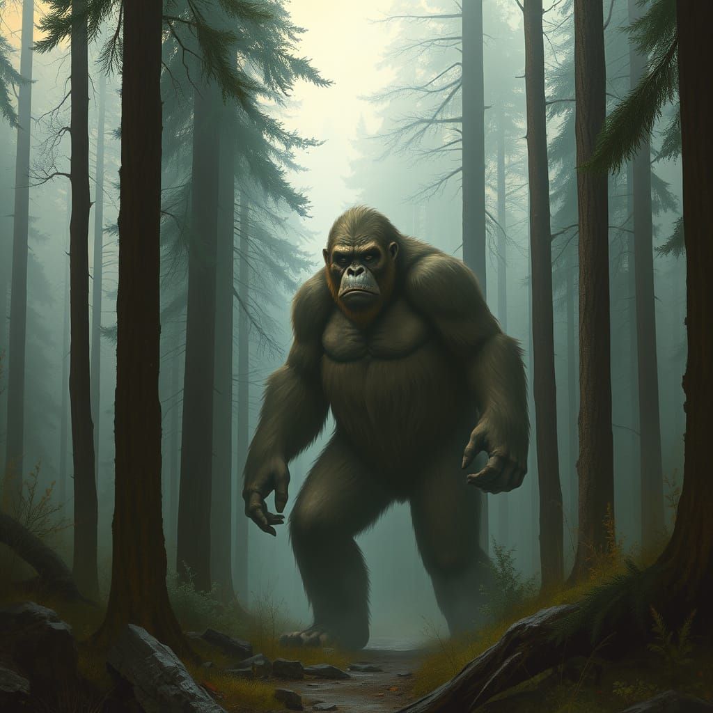 Bigfoot in Misty Forest, Stalenhag-Frazetta Style
