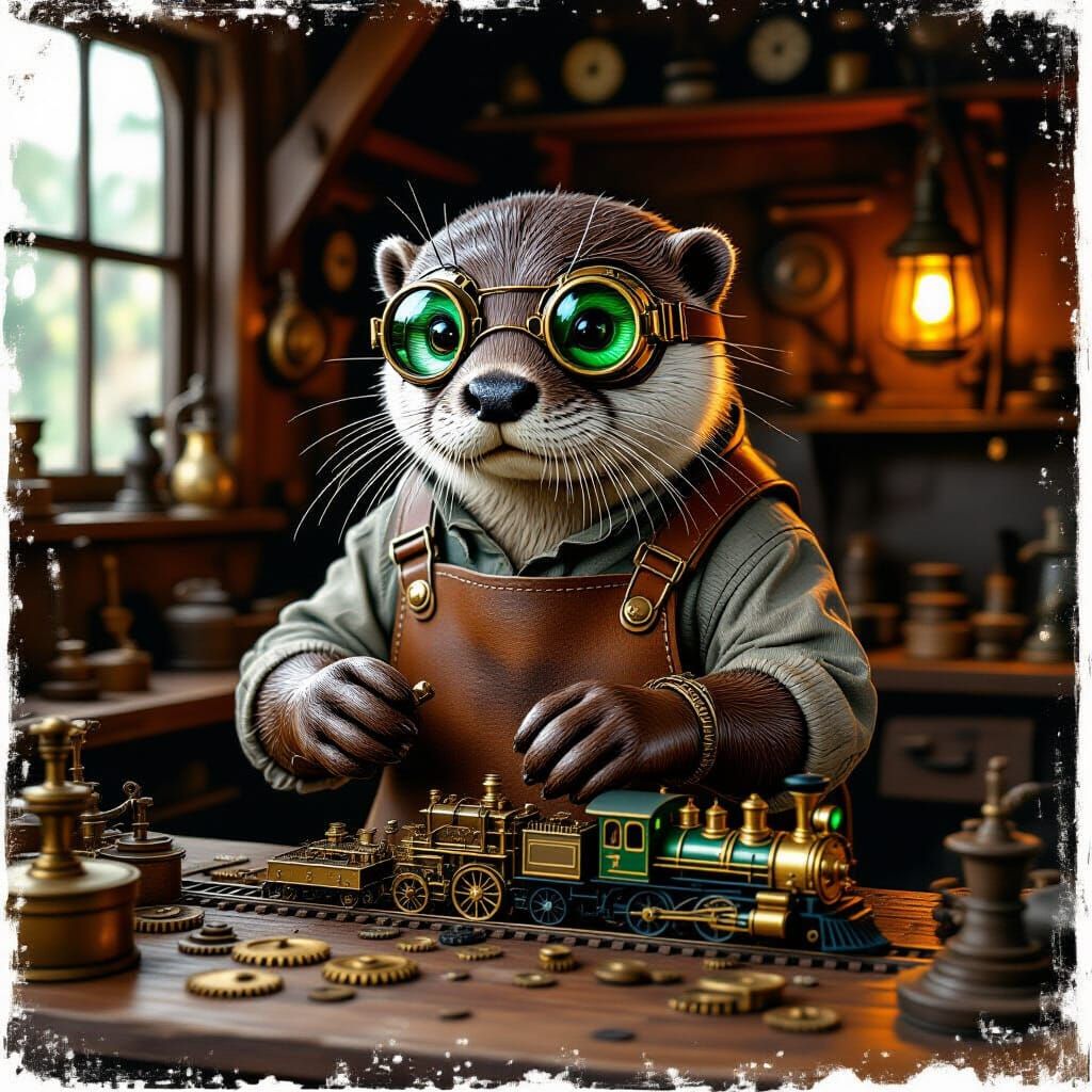 Steampunk Otter Tinkering with Clockwork Train Set