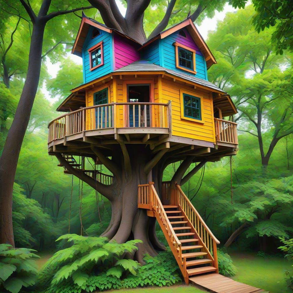 Vibrant Treehouse Perched Amongst Vibrant Foliage in Impress...