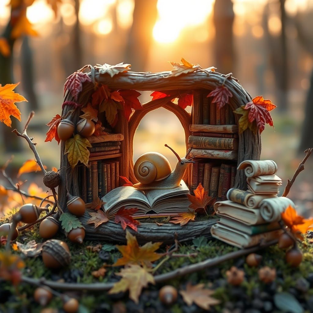 Snail's Library in Autumn Sunlight, Fairytale Style