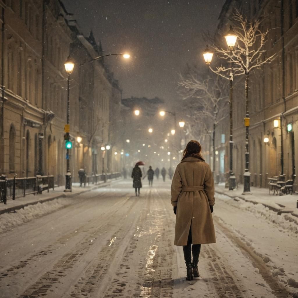 Impressionist Moscow Night Scene with Woman in Snow