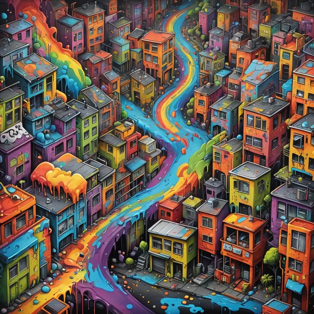Colorful Rainbow Town in Graffiti Splash Art