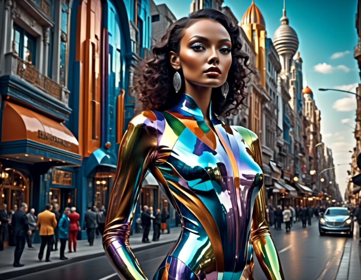 Iridescent Bodysuit in Retrofuturistic City