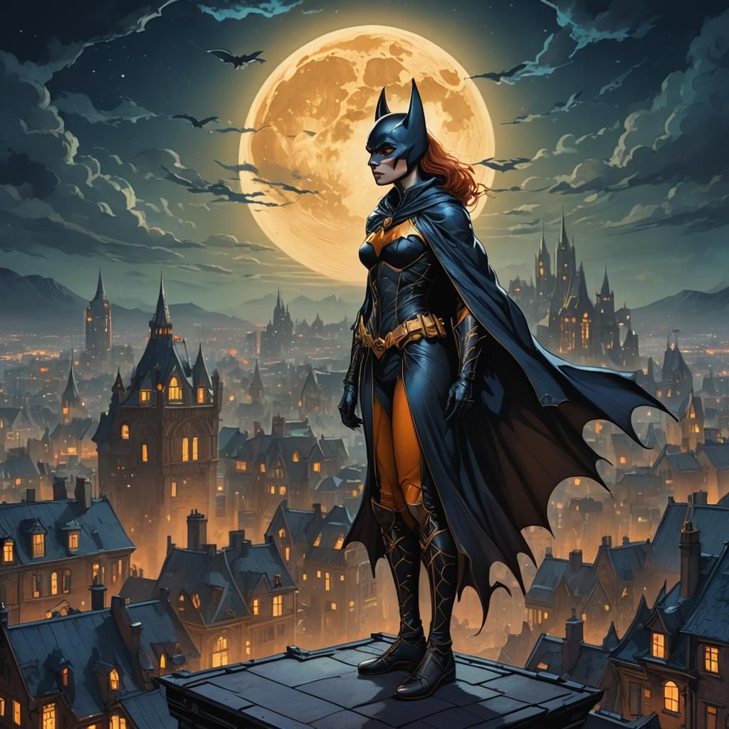 Heroic Bat Woman Over Mystical Cityscape in Art Nouveau Styl...