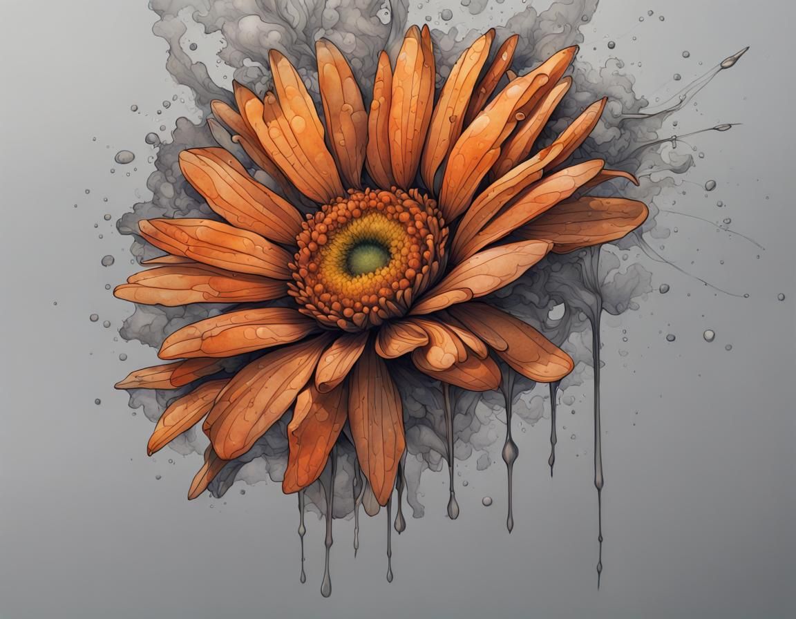 Orange Daisy Ink Drawing in Hyperrealistic Style