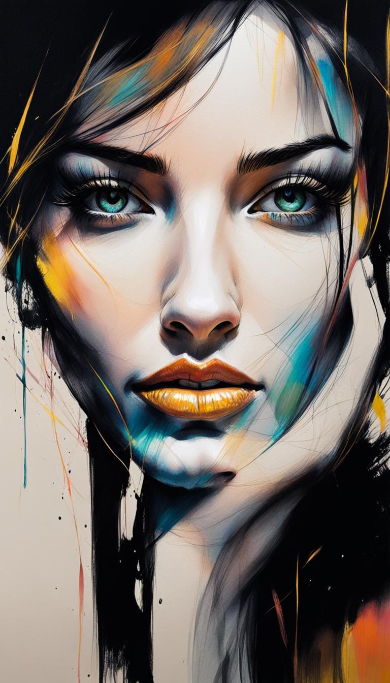 Vibrant charcoal portrait with loose line art. Close-up, bea...