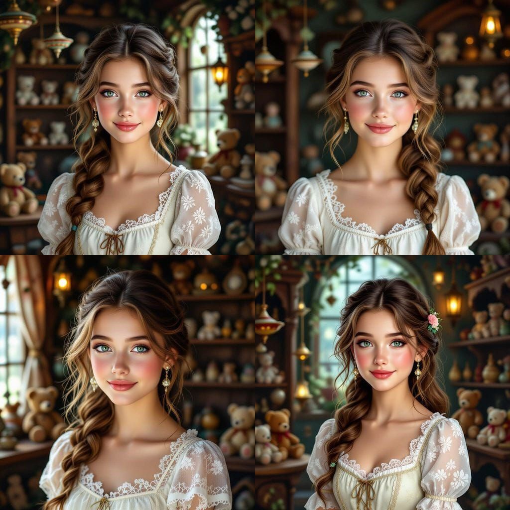 Enchanting Portrait of a Young Woman in a Magical Toy Shop
