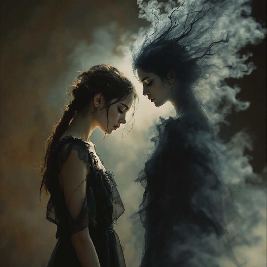 Young Woman's Melancholic Reflection in a Haunting, Ethereal...