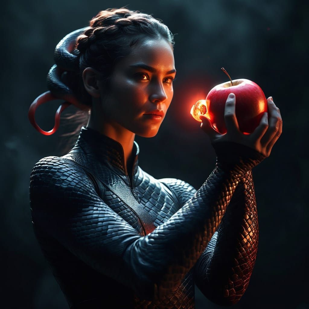 Strong Woman Holding Glowing Red Apple in Cinematic Film Sty...