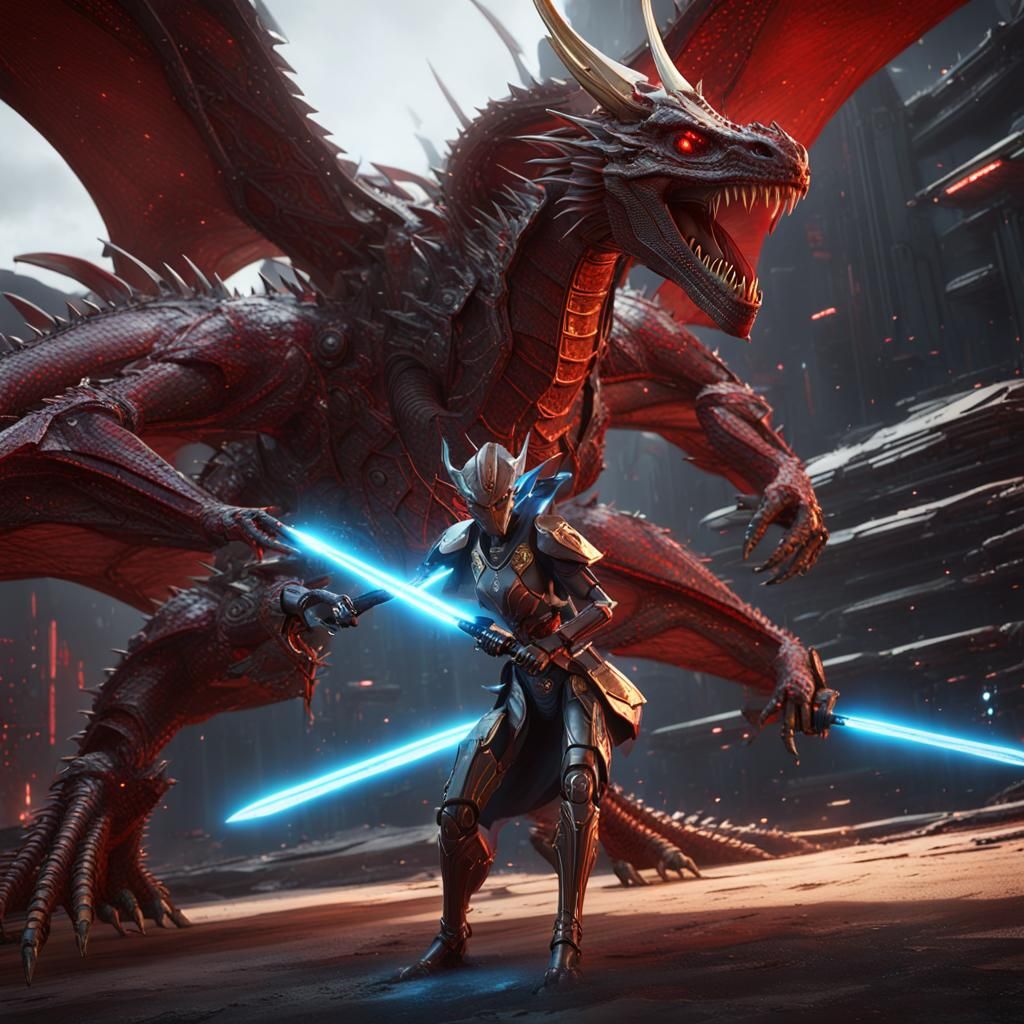 Epic Dragon vs Sith Battle in Futuristic Sci-Fi