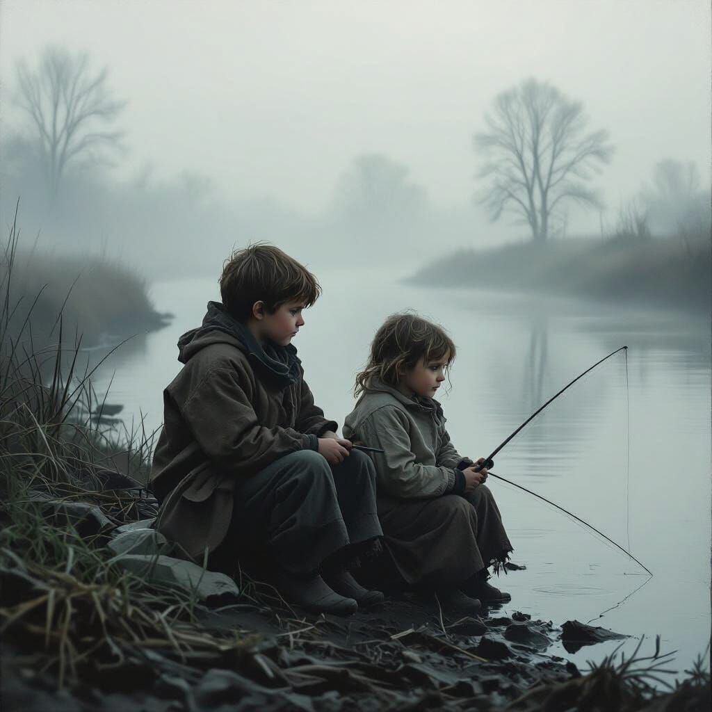 Children Fishing on Foggy Riverbank in Realistic Style