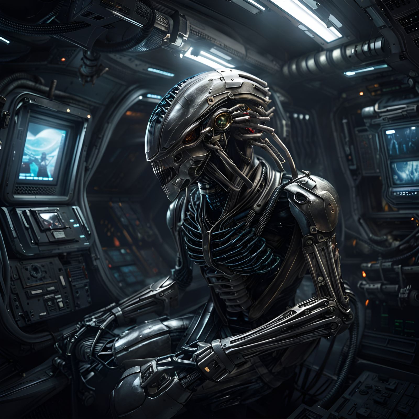 Robot Xenomorph in Futuristic Space Station