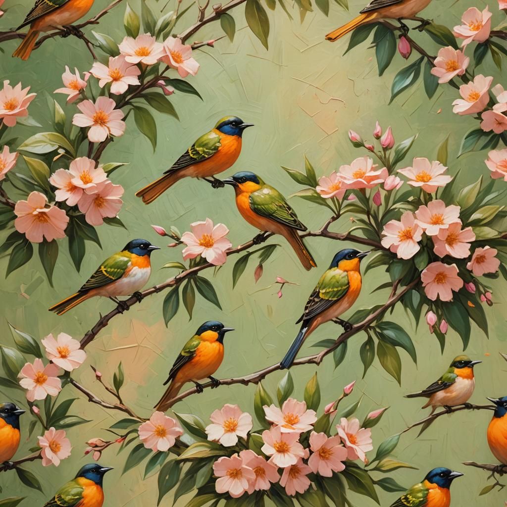 Whimsical Oil Painting of Orange Birds and Flowers