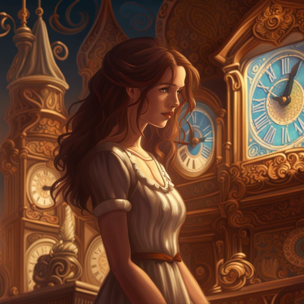 Woman on Stage with Ornamental Clock Background