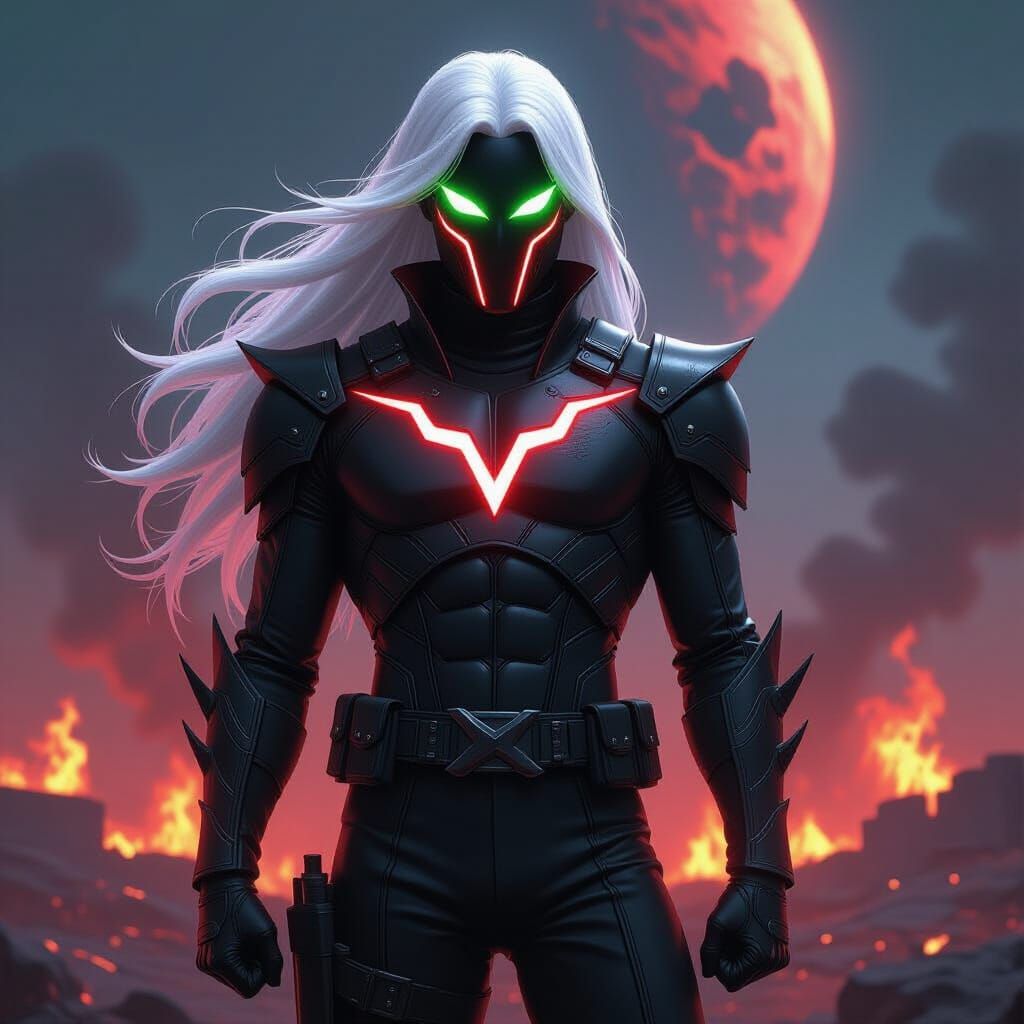 Metallic Villain Over Burning Planet in Synthwave Style