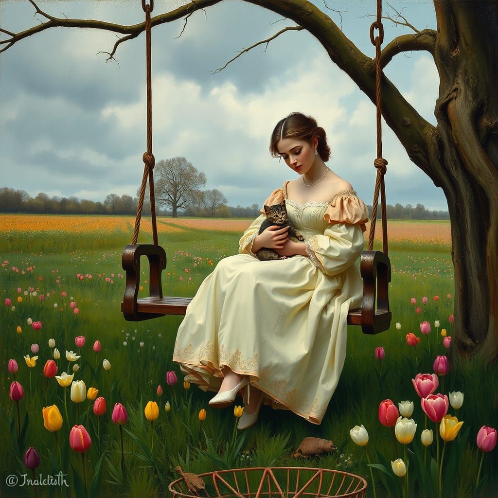 Sorrowful Woman with Kitten in Van Gogh Style