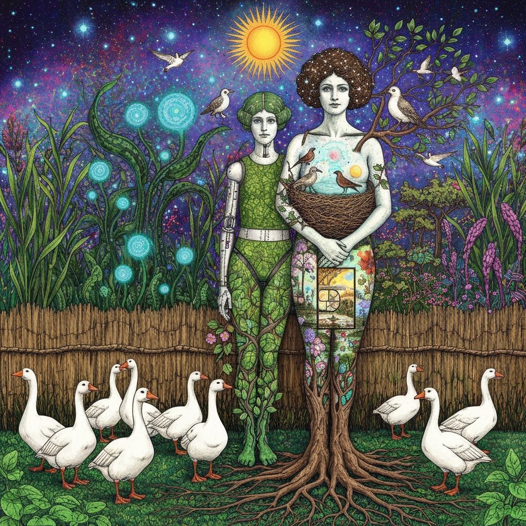 Folkloric Robot Twins in Surreal Eco-Art Garden