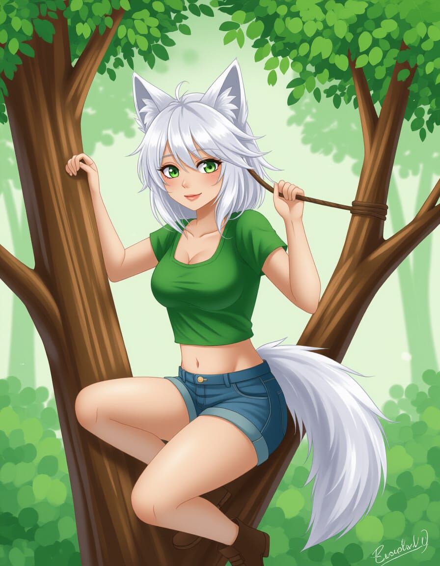 Woman with Wolf Features Climbing a Tree