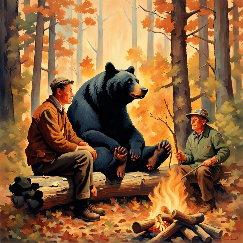 Man and Bear Roasting Sausages, Rockwell Illustration