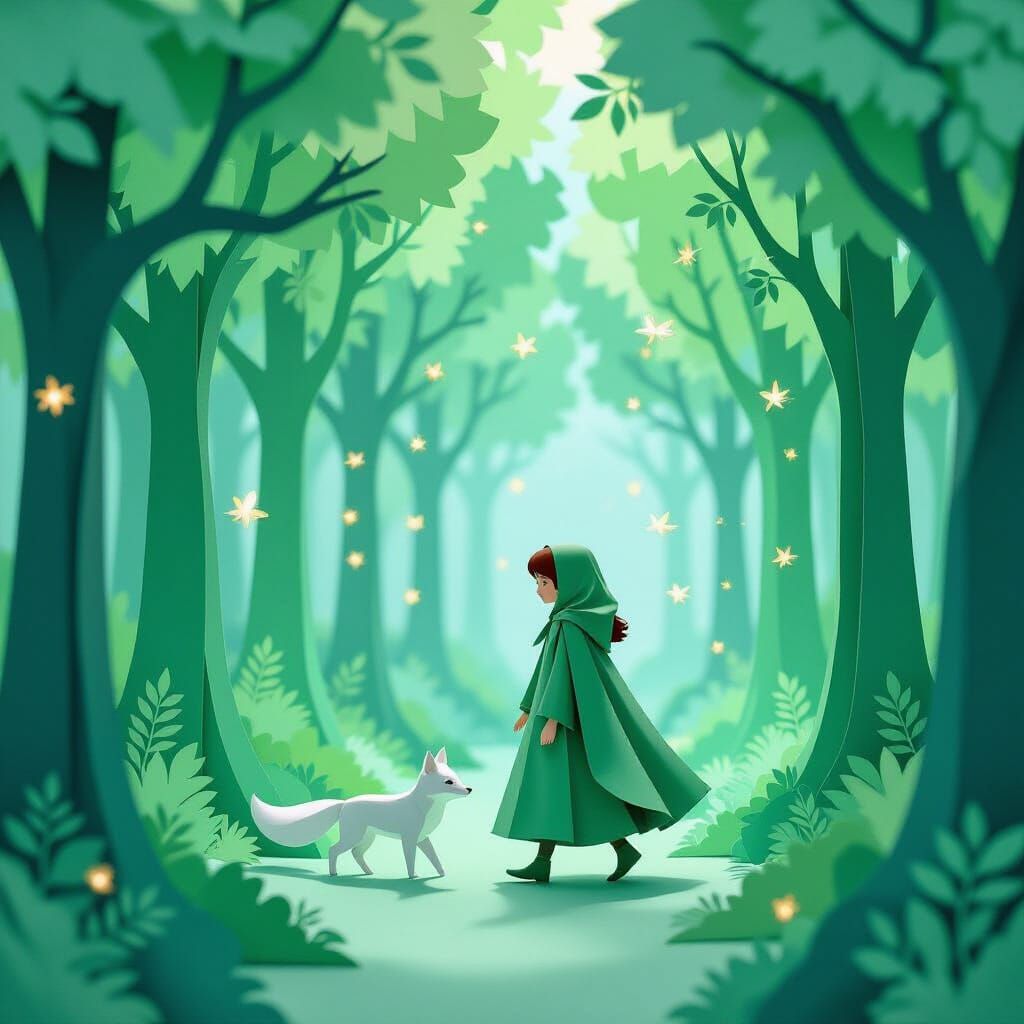 Mystical Paper Forest with Girl and Fox